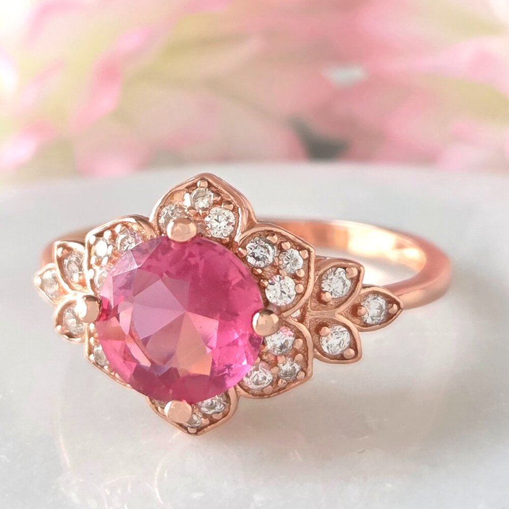 Pink Gemstone Flower ring, 925 Sterling Silver, 18k rose gold Charmed Aroma